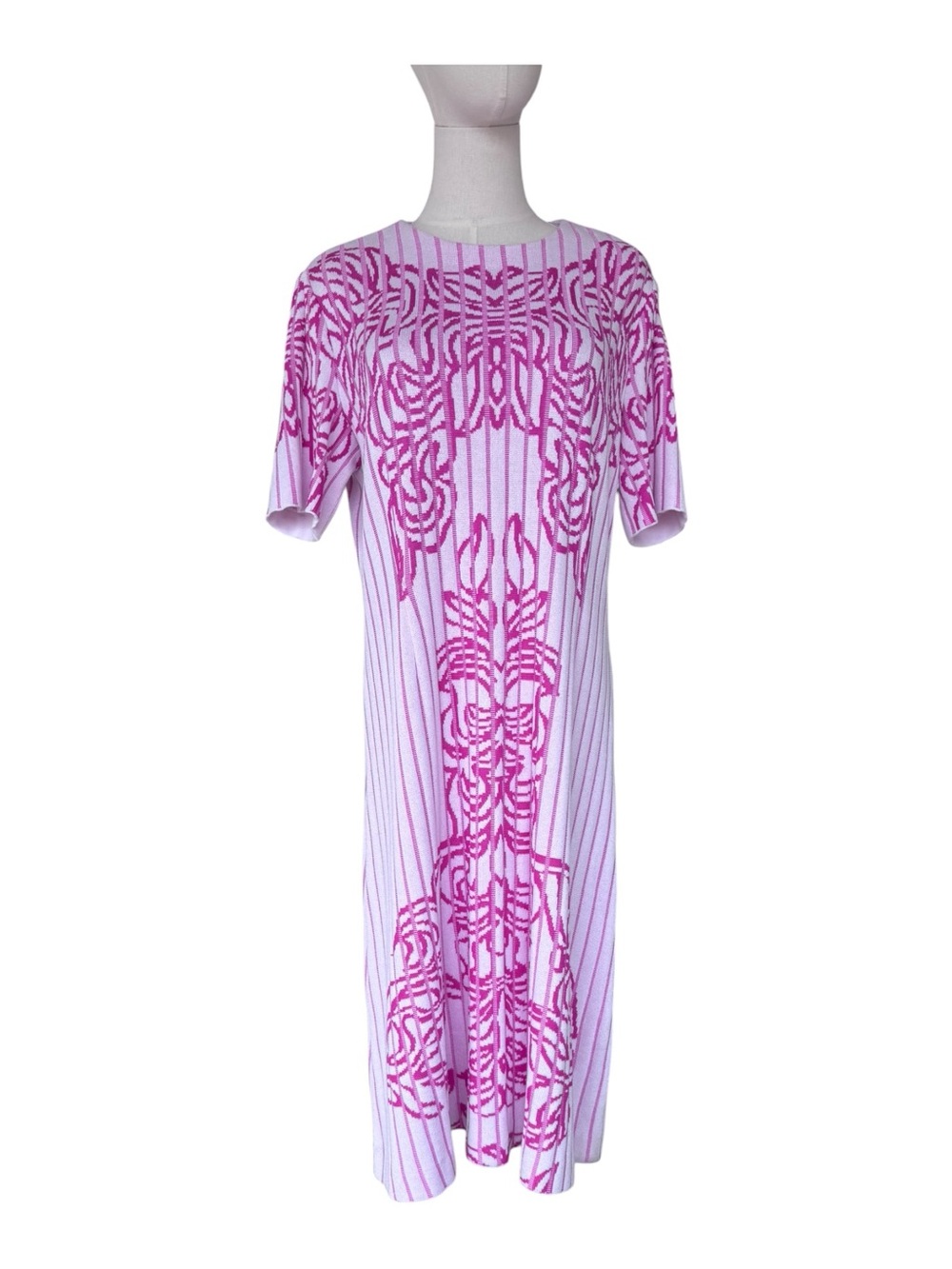 NWT Ming Wang Pink Jacquard Rib Knit Midi Dress Size Medium - Picture 2 of 7
